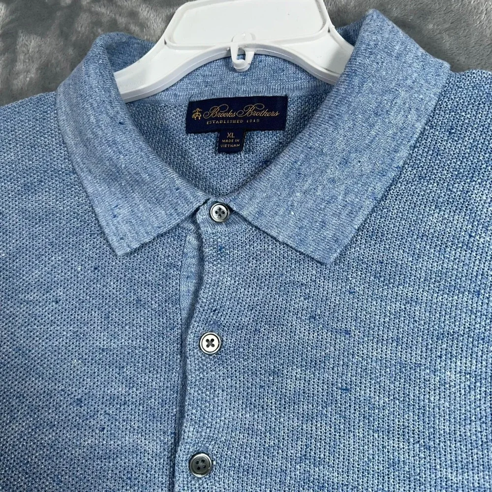 Brooks Brothers 100% Linen Sweater Polo Mens XL Blue Short Sleeve Pullover Knit